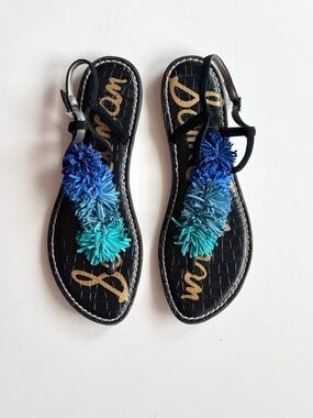 Sam Edelman Black T-Strap Sandals with Blue and Turquoise Fringe